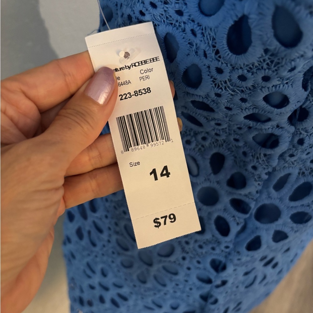 Blue Eyelet Floral Shift Dress Signature by Bobbie Bee Sz 14 NWT - Picture 9 of 10